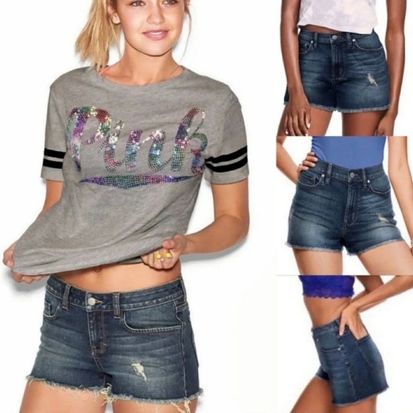 PINK Victoria's Secret Distressed Denim Shorts Size 2 Dark Wash High Waisted NWT - Picture 1 of 15